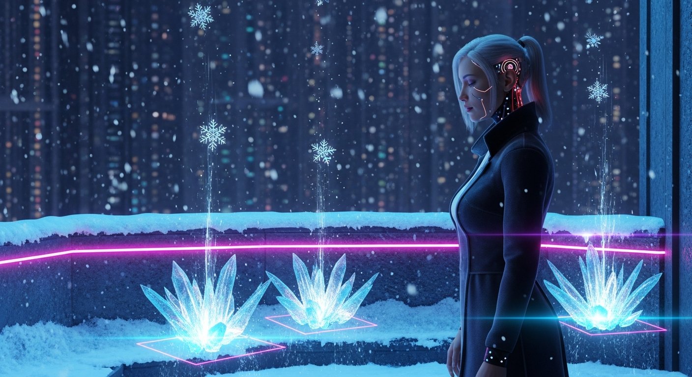 Aria-7 on frozen balcony, contemplating existence