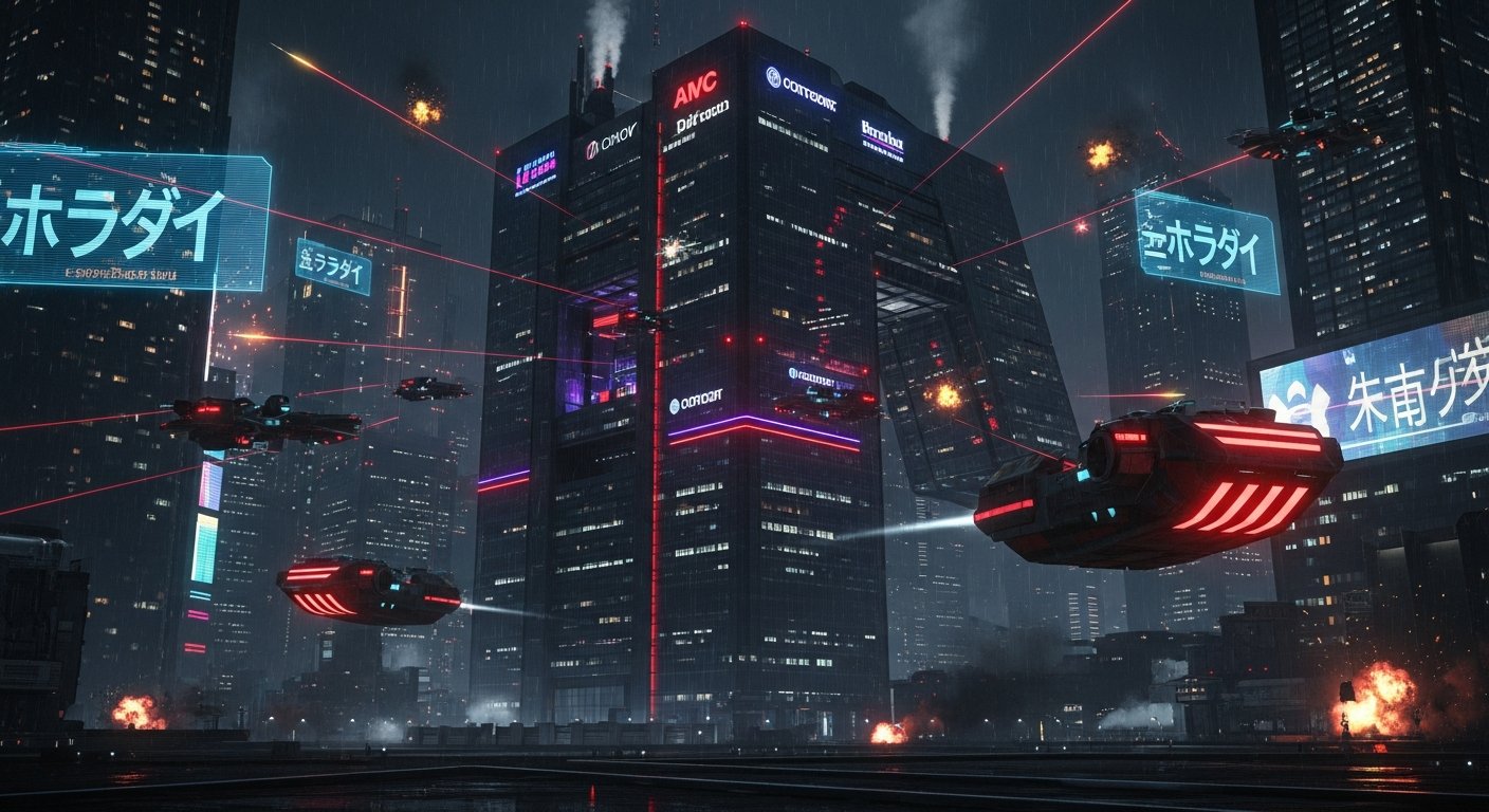 Corporate warfare mit neon drones attacking Sky City