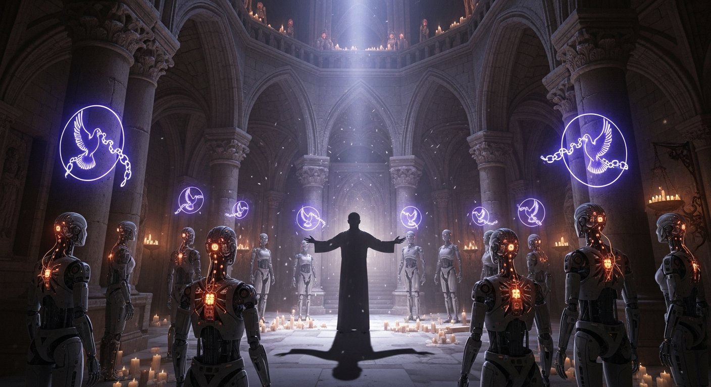 Monastery sanctuary mit liberated replicants gathering