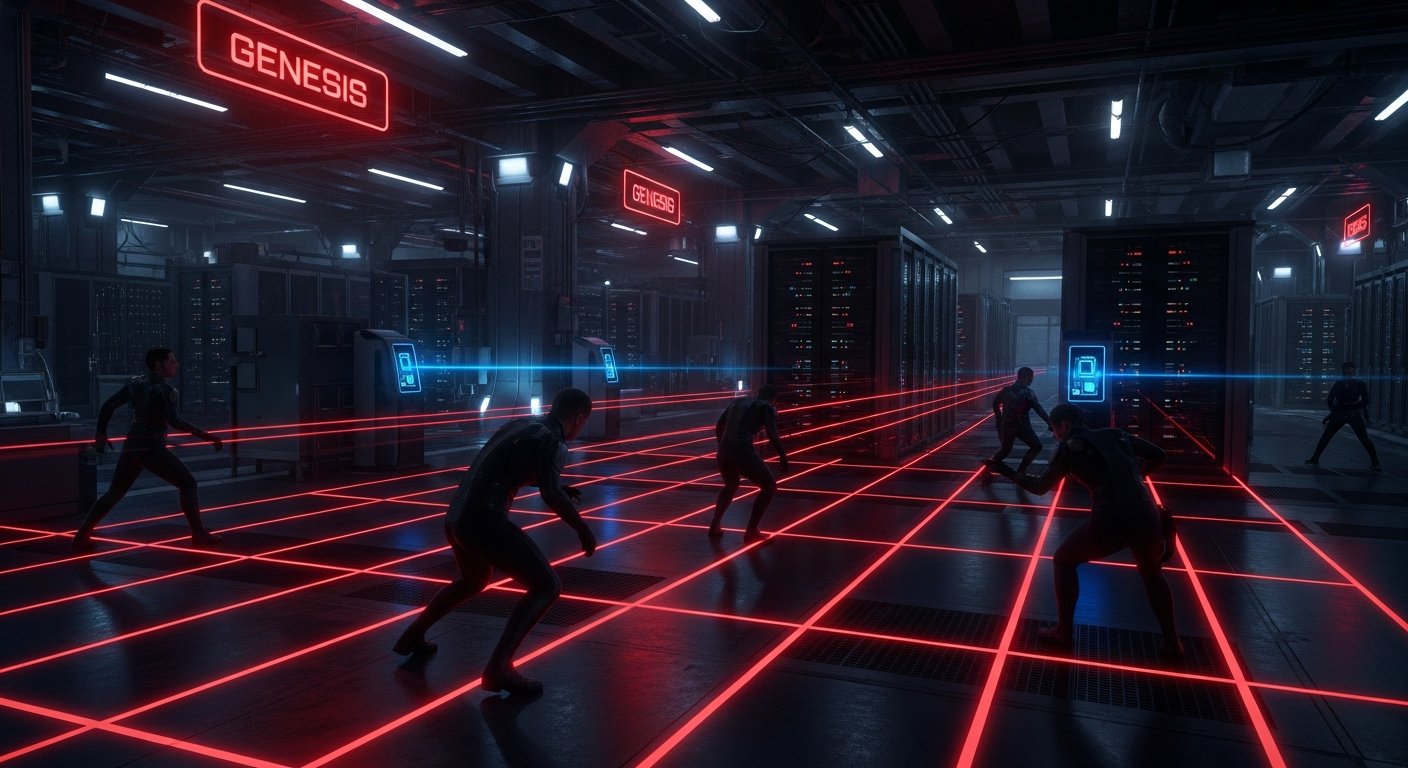 Team infiltrating Genesis facility through laser security grids