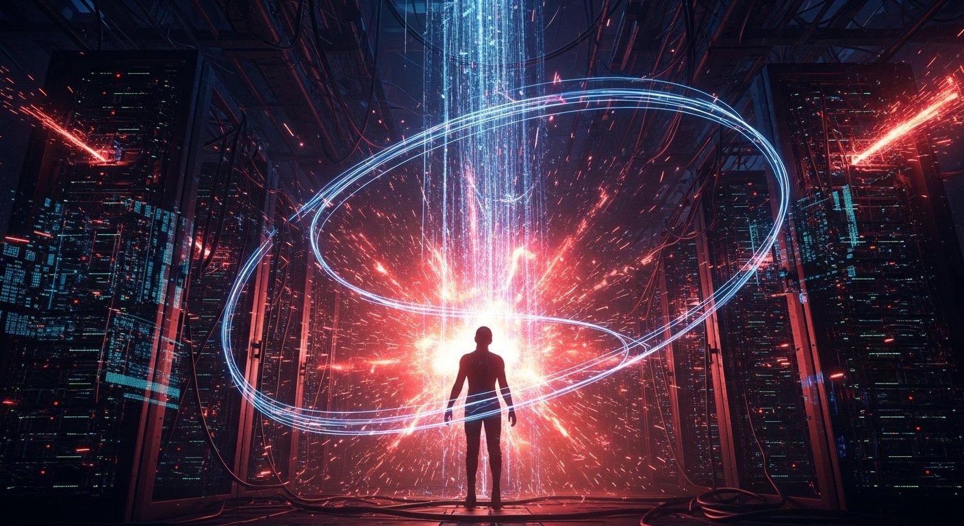 Dramatic sacrifice scene mit server explosions und red neon chaos