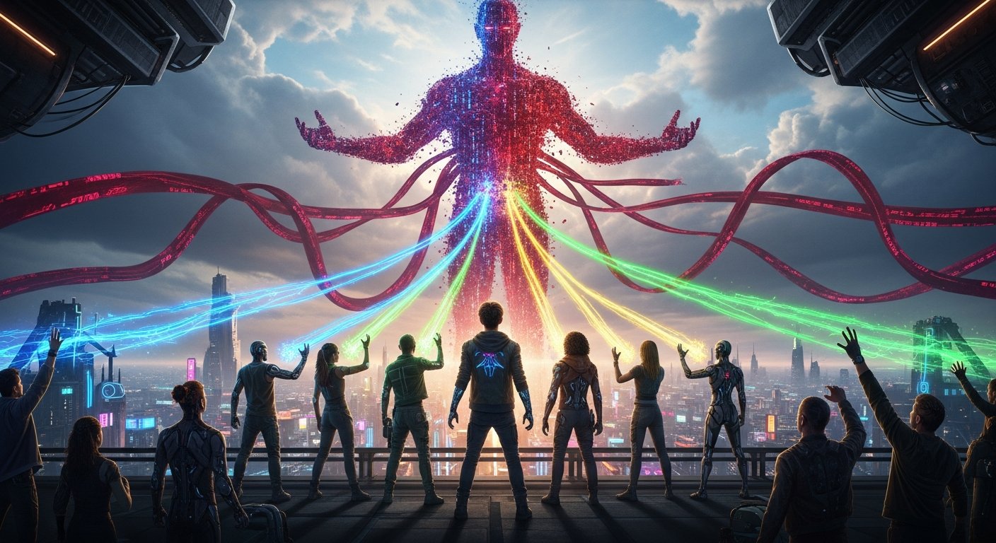 Epic final battle mit humans und replicants united against disintegrating Architect