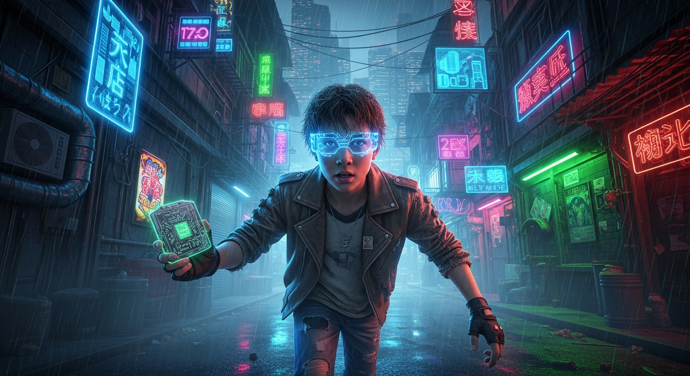 Kai navigiert durch die dystopischen Neon-Slums von Neo Tokyo