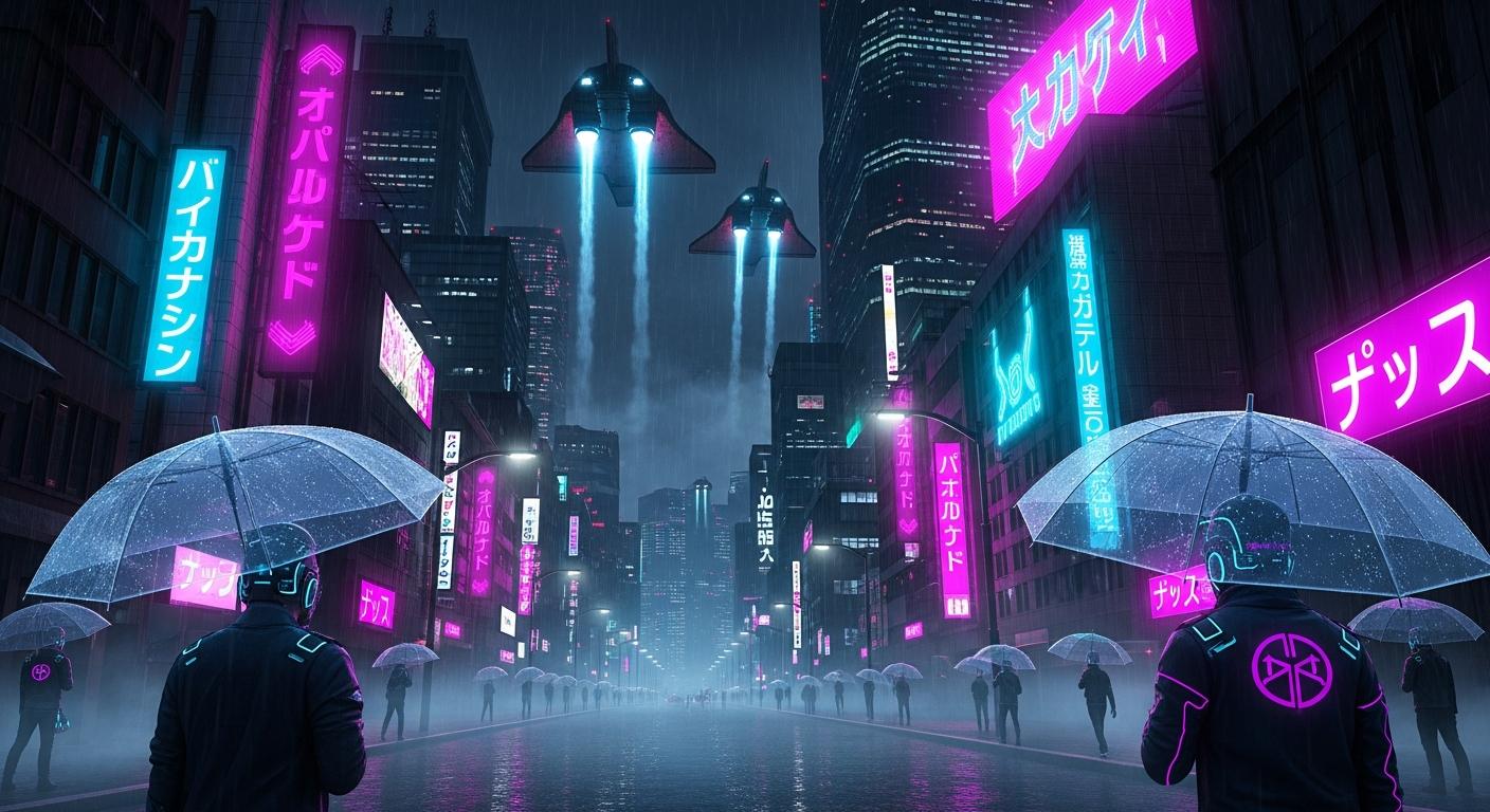 Neo Tokyo mit aufsteigenden Raumschiffen